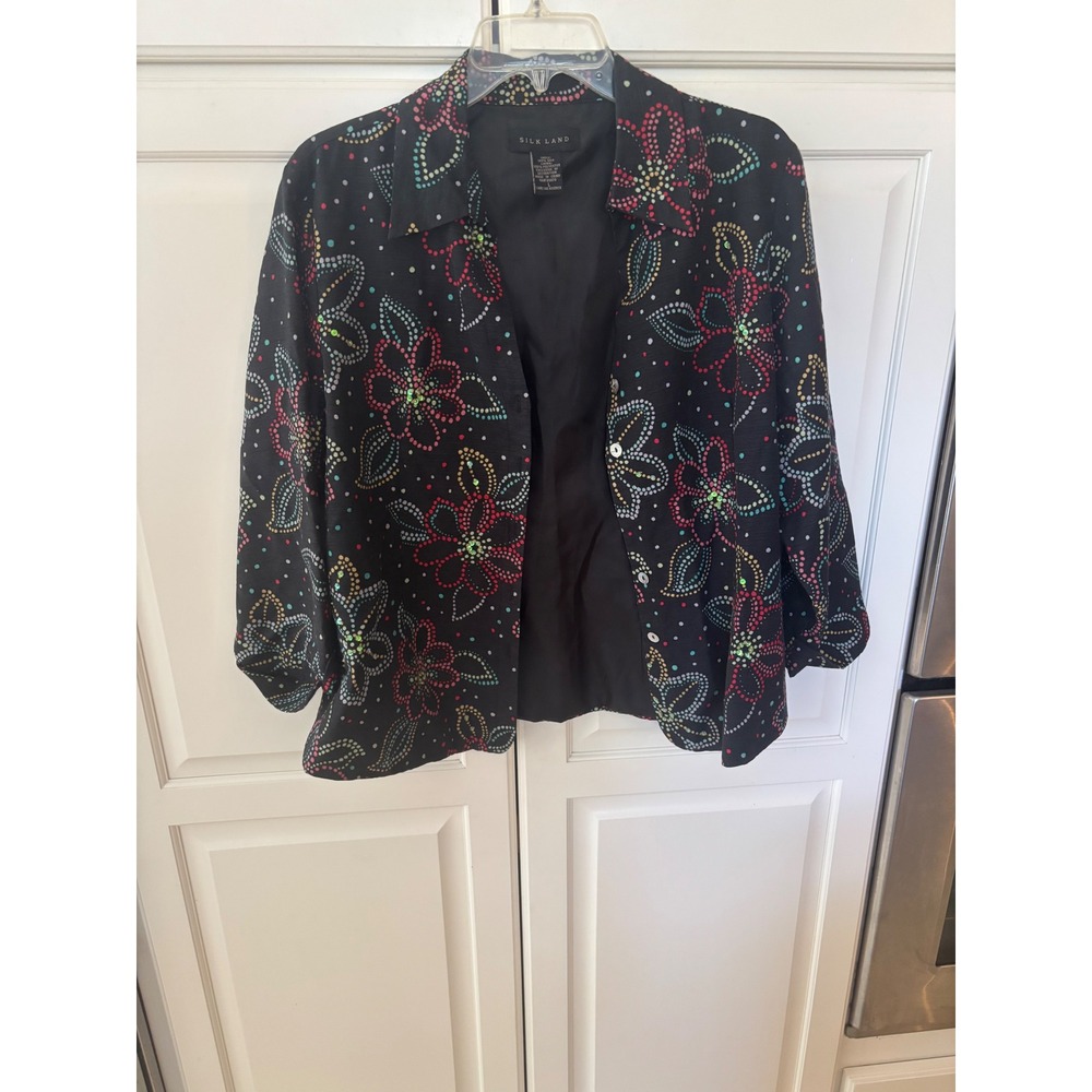 Silk Land Womens Black Silk Floral Sequin Button Front Blouse Top Size L